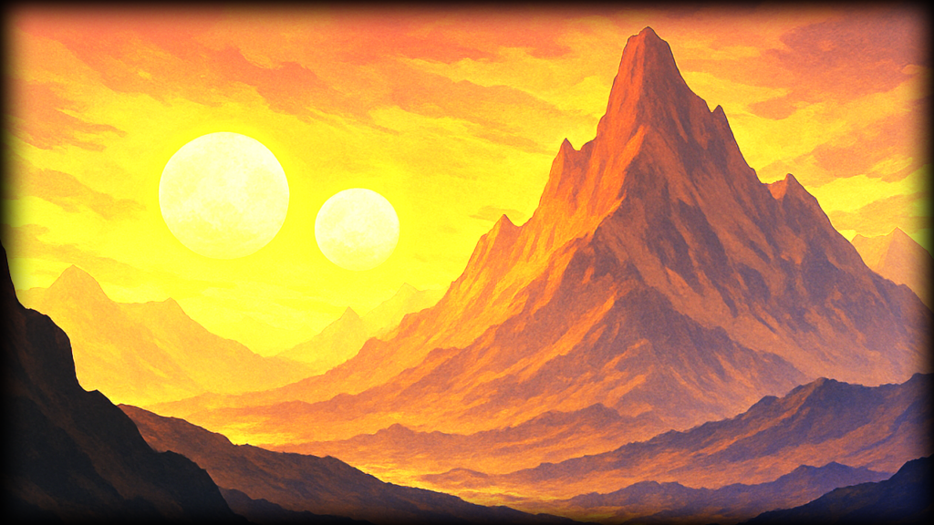 Twin suns over a mountainous landscape from Chronicles of Soleria, symbolizing resilience and reflection.