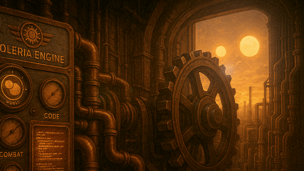 Diesel-punk workshop interior showing a rusted “Soleria Engine” control panel with gauges and pipes, a massive gear at right, and two setting suns glowing through a factory window.