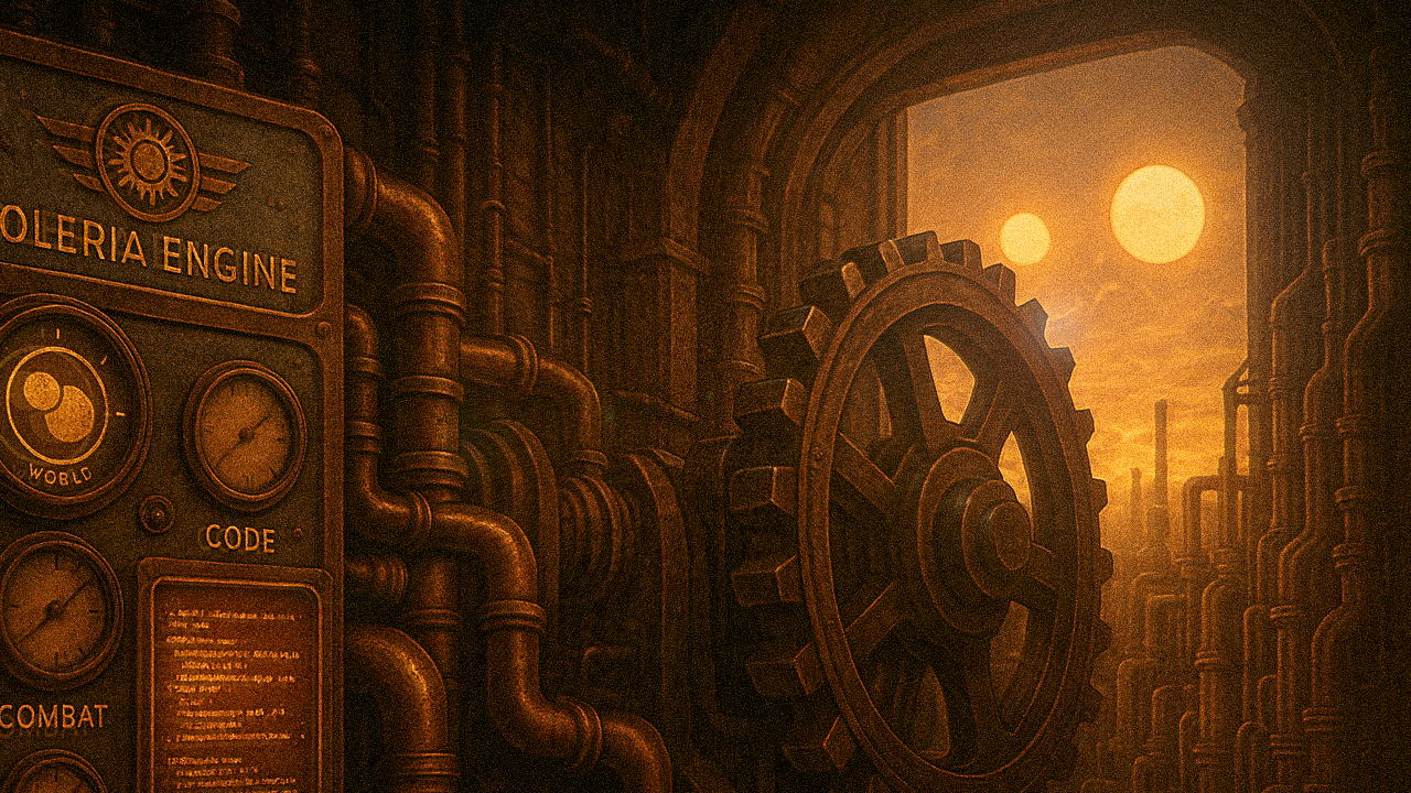 Diesel-punk workshop interior showing a rusted “Soleria Engine” control panel with gauges and pipes, a massive gear at right, and two setting suns glowing through a factory window.